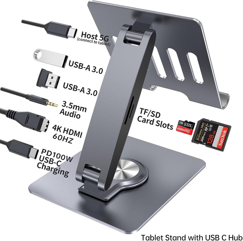 HC Adjustable Tablet Stand with USBC Hub 7-in-1, Aluminum Tablet Holder with Docking Station, 360° Swivel Base, 4K HDMI, 100W PD Charging, USB 3.0, SD/TF Reader, 3.5mm Audio, for iPad with USB-C Port - Image 3
